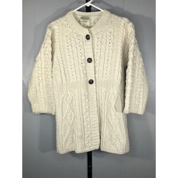 Kilronan Cardigan Sweater Size M Cream/white Merino Wool Cable Knit Button Front - Picture 1 of 5